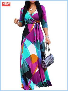 Plus Size Maxi Dress 3/4 Sleeve V-Neck Polyester Spandex Belted